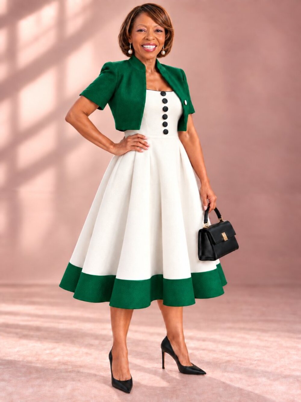 Green White Button Detail Fit & Flare Midi Dress Size Large